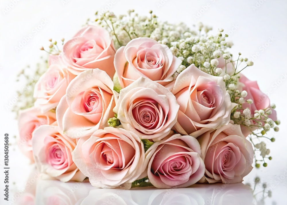 Obraz premium Delicate Pink Rose and Gypsophila Bouquet on White - Elegant Floral Arrangement Stock Photo