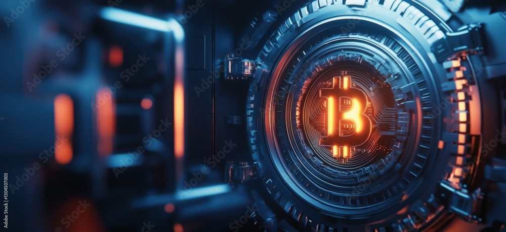 Obraz premium Futuristic Bitcoin Symbol Surrounded by High-Tech Mechanisms and Glowing Lights