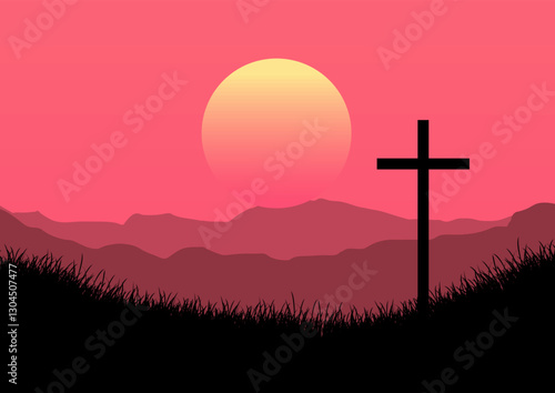 Good Friday background with cross in sunset landscape 