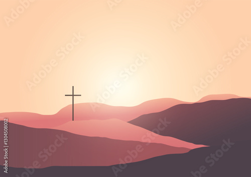 Minimal Good Friday background with cross in sunset landscape 