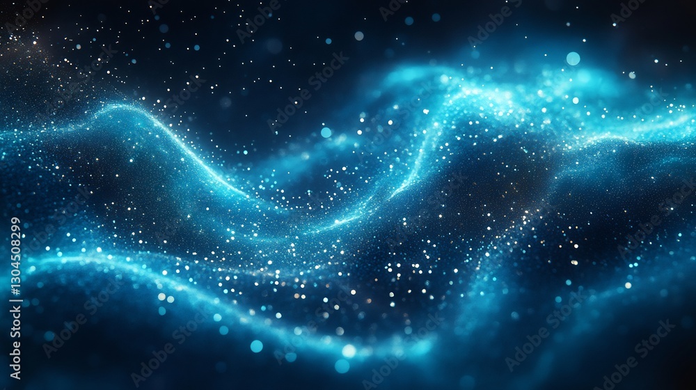 Glowing blue particles softly undulate creating a serene abstract wave. AI Generated