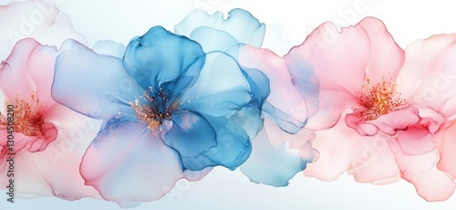 Delicate pastel flowers in soft hues of blue, pink, and white with intricate details