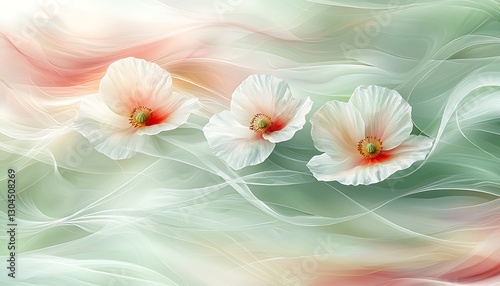 Poppies on flowing fabric, pastel hues
