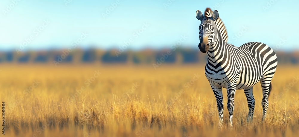 Obraz premium Majestic zebra standing in golden grassland under clear blue sky