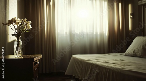 Wallpaper Mural Serene hospital room or hotel room,with single bed, soft sunlight through window, and fresh flowers on bedside table, symbolizing care and recovery. Peaceful and healing environment concept. Torontodigital.ca