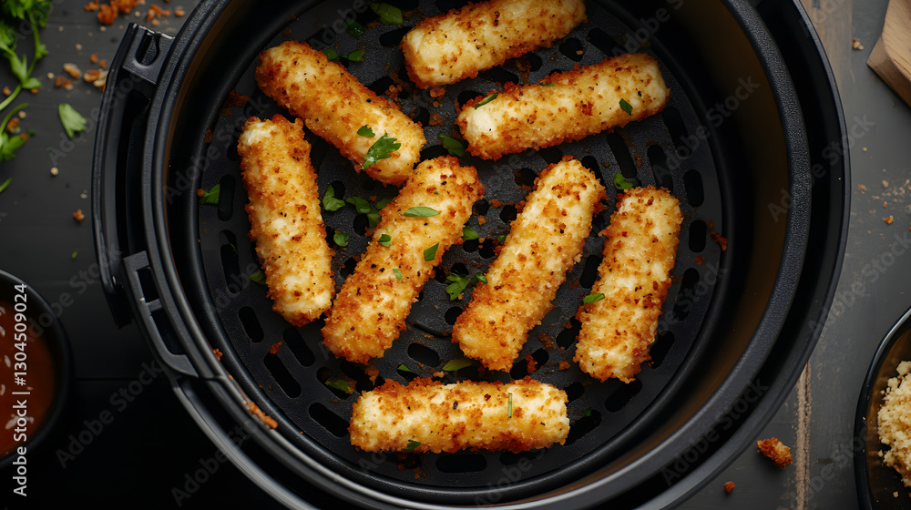 Mozzarella sticks cooked in an air fryer with minimal oil, providing a crunchy and golden snack with a creamy cheese interior. Mozzarella sticks cooked in an air fryer with minimal oil, providing a crunchy and golden snack with a creamy cheese interior.