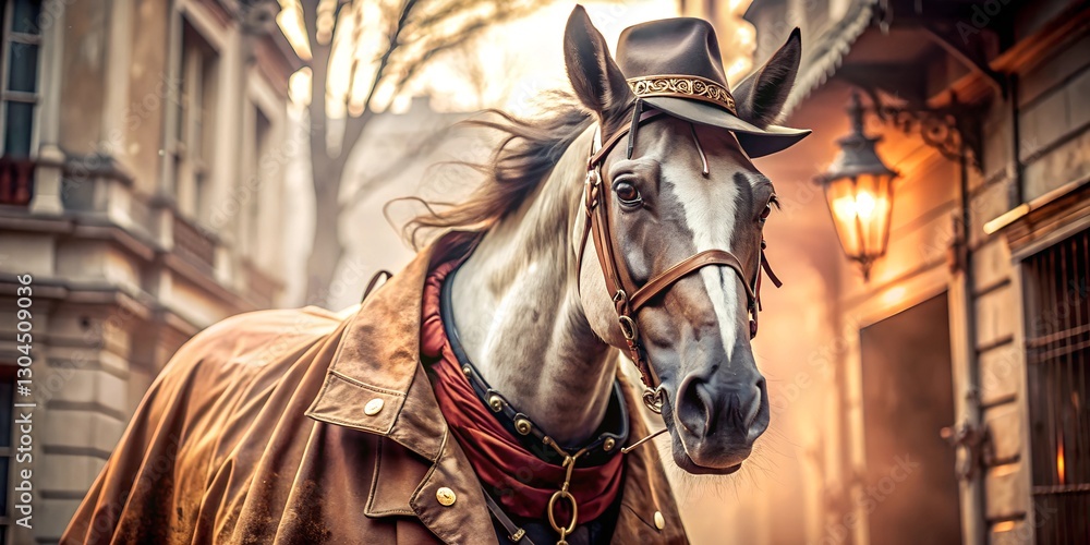 Obraz premium Mysterious horse in a coat and hat amidst an eerie urban backdrop at dusk wallpaper, background, ai texture macro