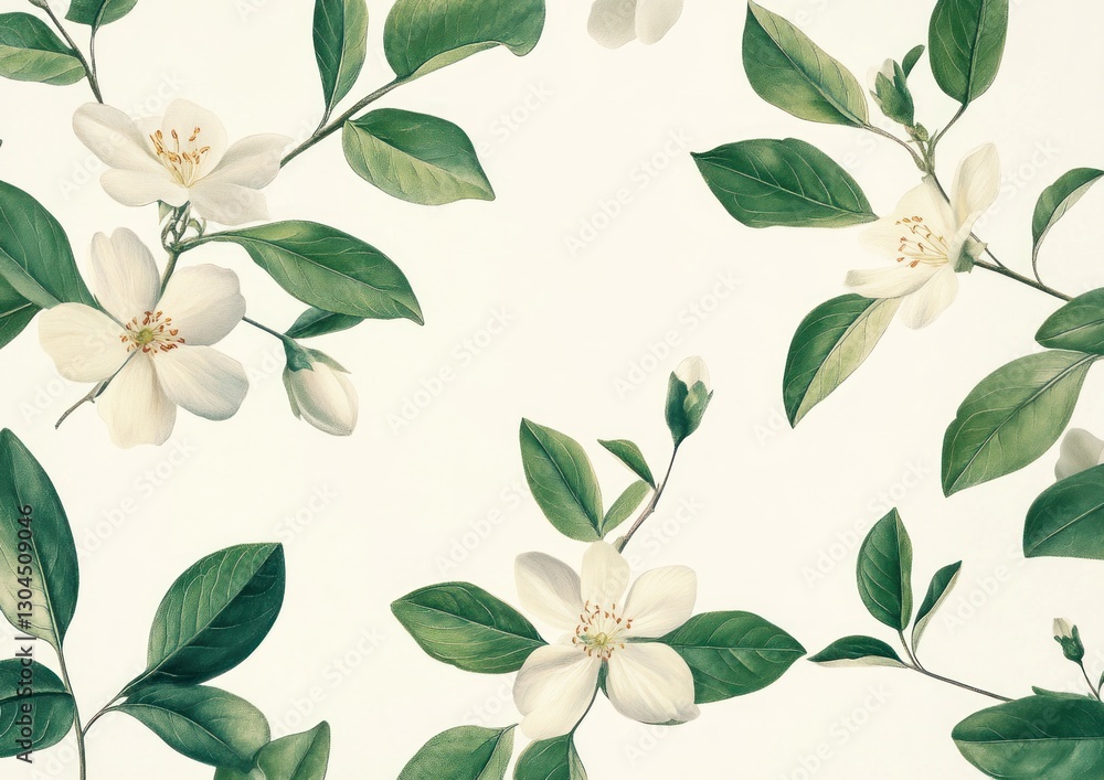 Seamless pattern of white flowers and green leaves on a beige background. Seamless pattern of white flowers and green leaves on a beige background.