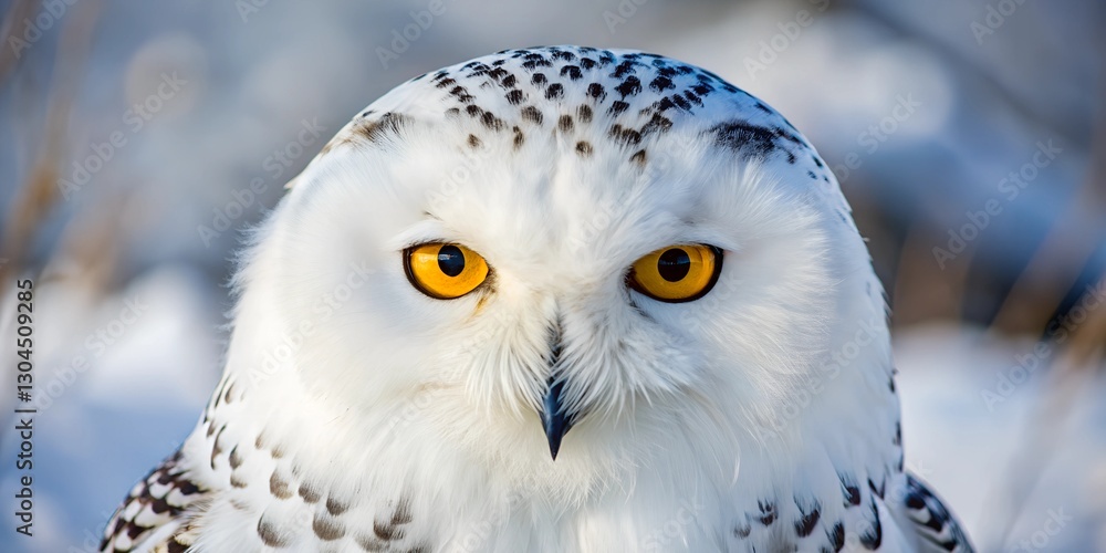 Obraz premium Hyper detailed depiction of a snowy owl showcasing its fluffy white feathers and striking orange eyes in a winter setting wallpaper, background, ai texture macro