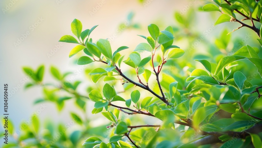 Fresh green leaves on a branch in a sunny garden Fresh green leaves on a branch in a sunny garden