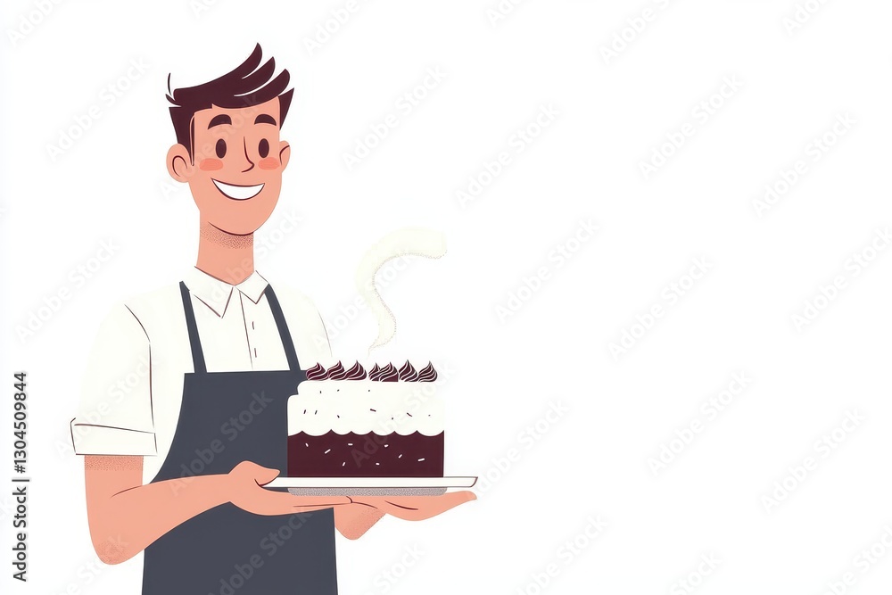 Happy Baker Holding Delicious Chocolate Cake with Smiling Face Happy Baker Holding Delicious Chocolate Cake with Smiling Face