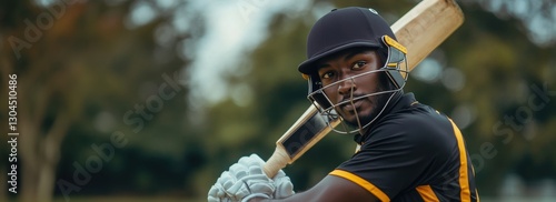 Batsman holding cricket bat tightly, wearing protective gear, preparing to strike against blurred green background.