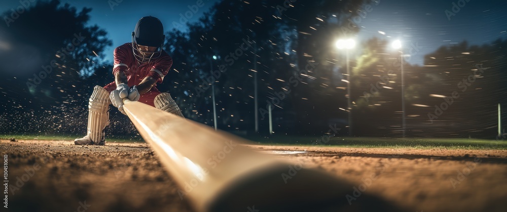 custom made wallpaper toronto digitalNighttime cricket match with player executing powerful stroke, sparks flying as ball makes contact with bat.