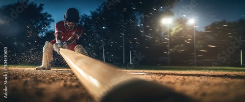 Nighttime cricket match with player executing powerful stroke, sparks flying as ball makes contact with bat.