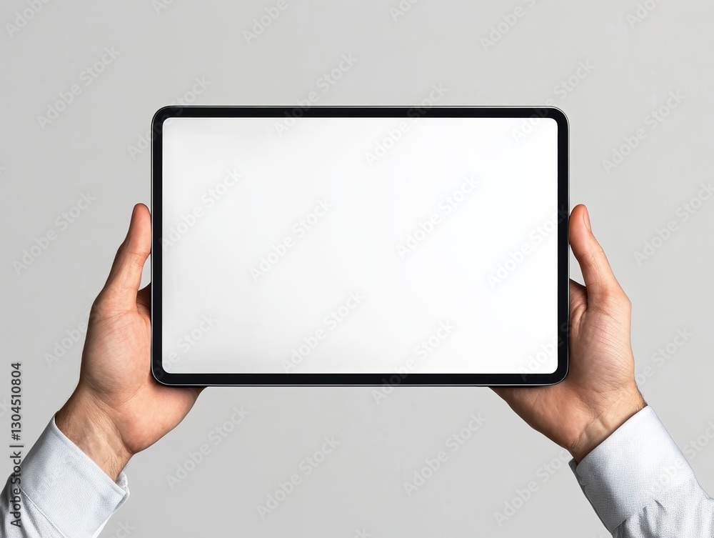 Modern Presenter Showcasing on Tablet in Bright Professional Setting