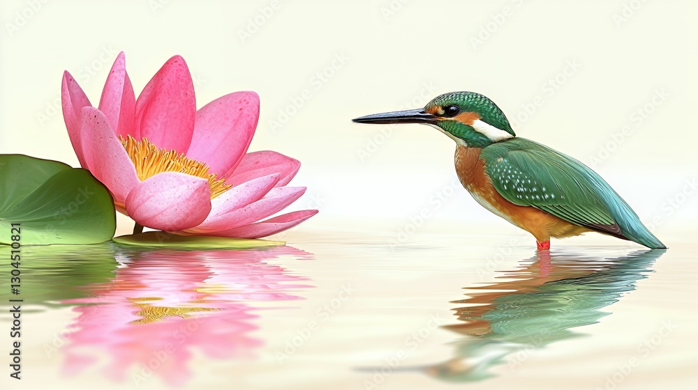 Fototapeta premium Kingfisher and Pink Lotus Flower Reflection in Calm Water