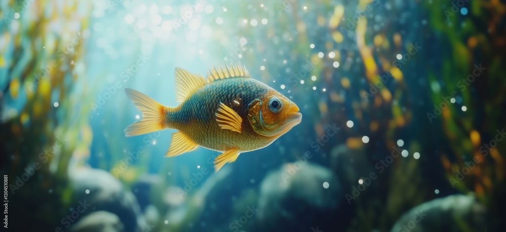 Fototapeta premium Vibrant underwater scene featuring a colorful fish swimming among aquatic plants