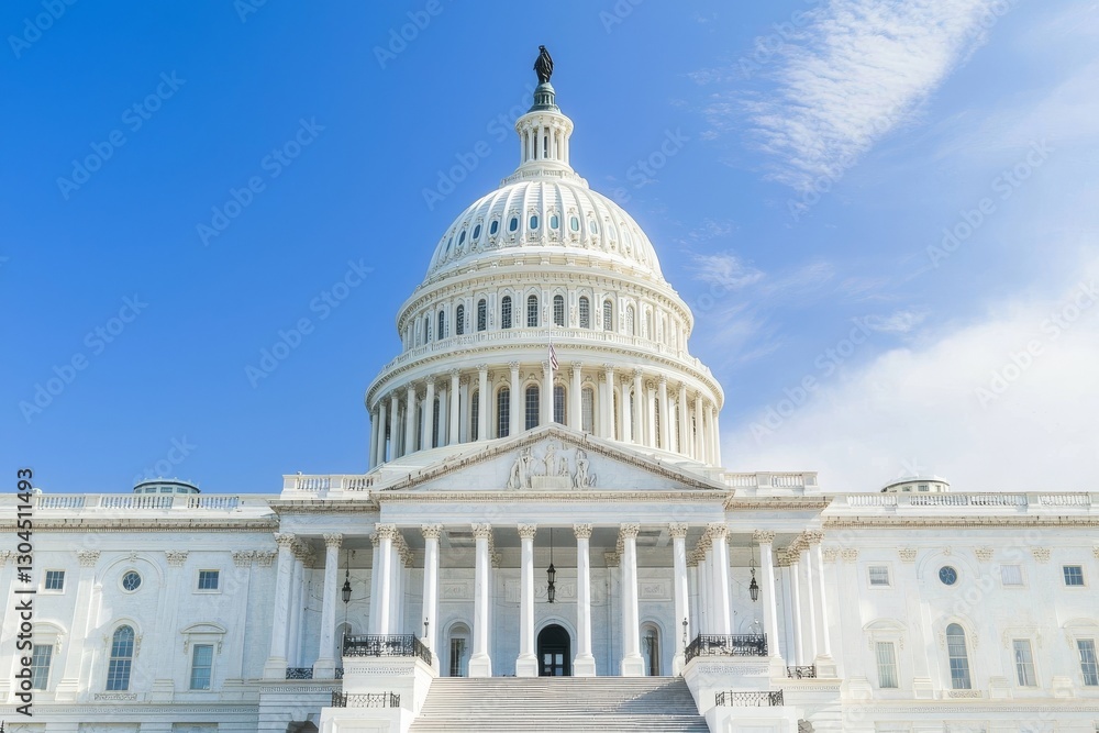 Obraz premium The traditional neoclassical architecture of the Capitol Building's dome, columns, and steps is visible in bright mid-day light in Washington DC, USA