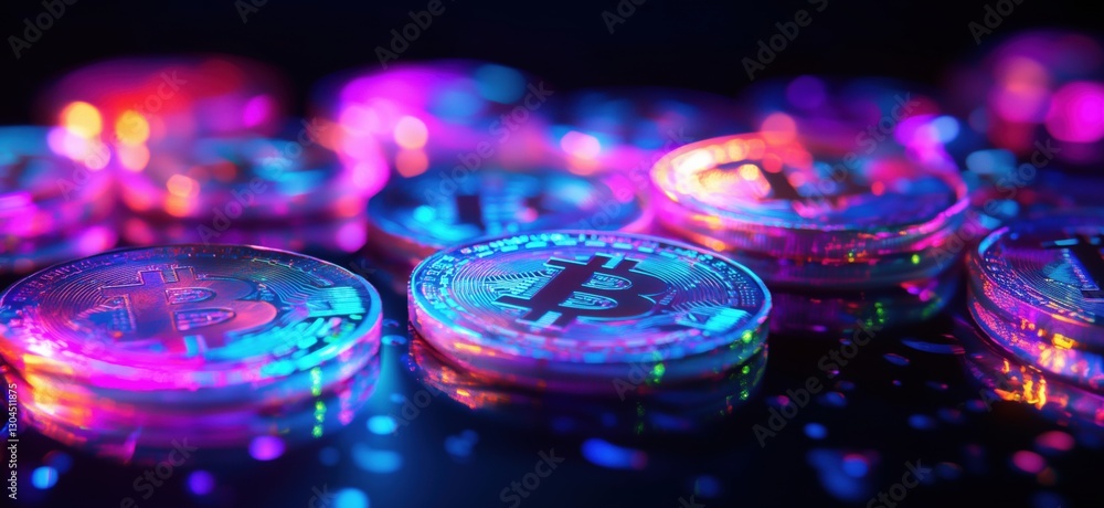 Vibrant Bitcoin coins illuminated with colorful lights in a dark setting Vibrant Bitcoin coins illuminated with colorful lights in a dark setting