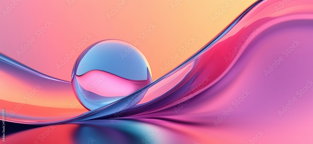 Obraz premium Colorful abstract liquid wave with glass sphere reflecting vibrant hues