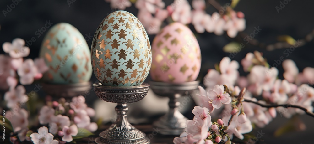 Obraz premium Decorative Easter eggs with floral patterns on silver stands surrounded by cherry blossoms