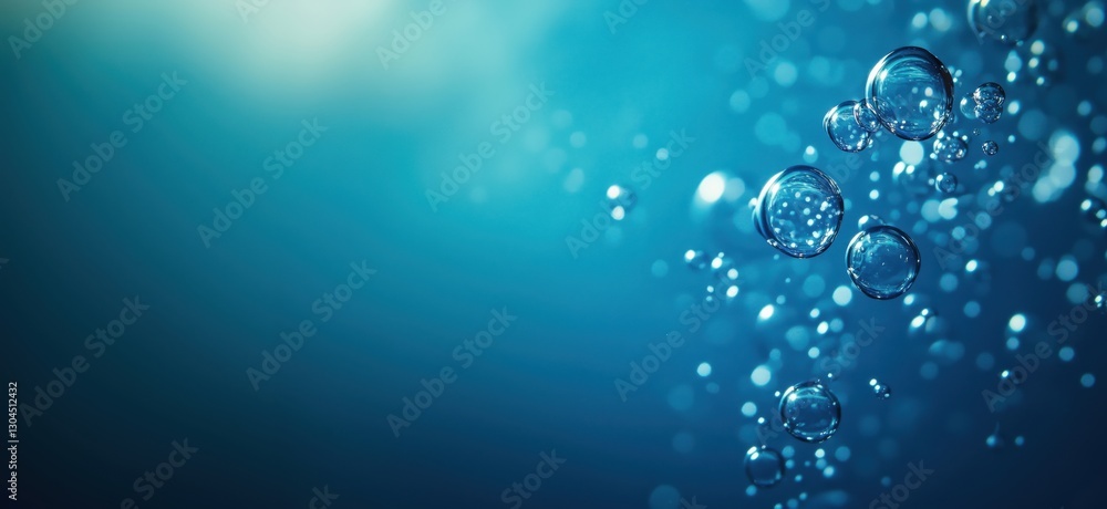 Bubbles rising in clear blue water with soft light reflections and depth Bubbles rising in clear blue water with soft light reflections and depth