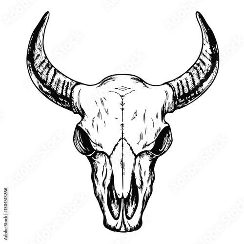 sketch of a buffalo skull, showcasing detailed line work and natural textures. Ideal for wildlife, rustic, and Native American-themed designs, tattoos, and artwork.