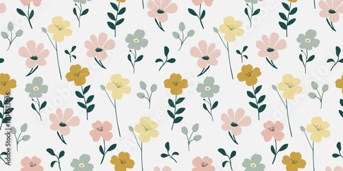 modern delicate and minimalistic isolated floral pattern in soft pastel colors, on a white background with elegant leaves and flowers textiles, wallpapers and web postcard design