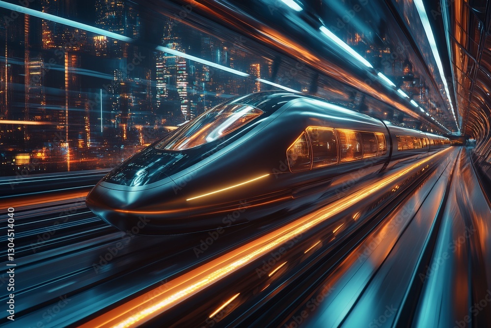 High-speed train traveling through a futuristic cityscape at night with glowing lights High-speed train traveling through a futuristic cityscape at night with glowing lights