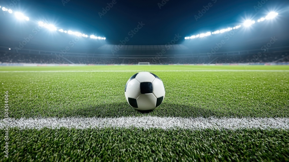 Obraz premium Panoramic View of an Empty Soccer Stadium at Night with Bright Lights