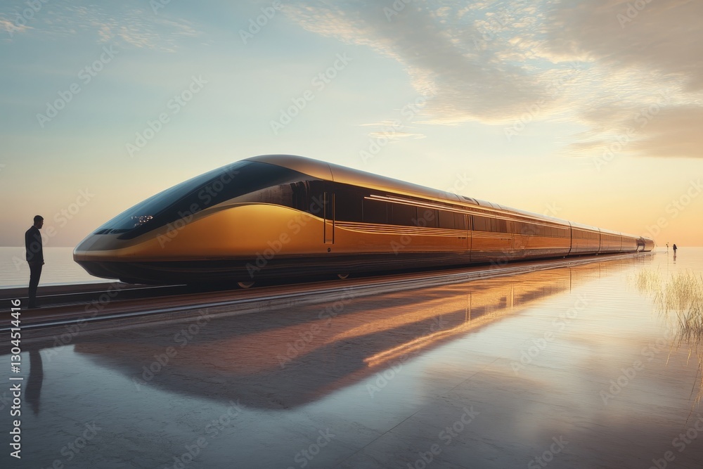 Obraz premium High-speed train glides along reflective waters at sunset, creating a serene travel landscape