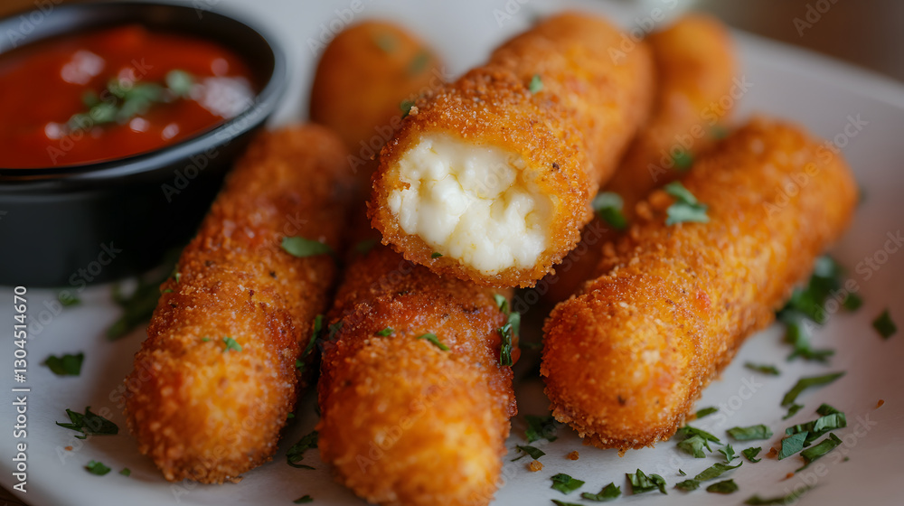 Mozzarella sticks served as a classic starter for an Italian dinner, crispy on the outside with a gooey cheese filling, accompanied by marinara sauce. Mozzarella sticks served as a classic starter for an Italian dinner, crispy on the outside with a gooey cheese filling, accompanied by marinara sauce.