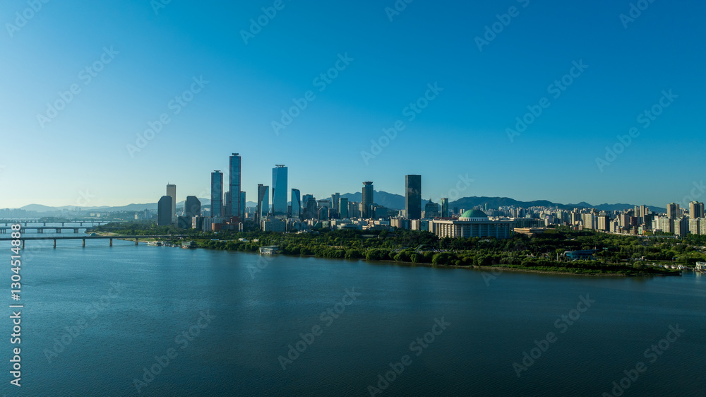 Naklejka premium Aerial View Youido Hangang River Seoul City South Korea
