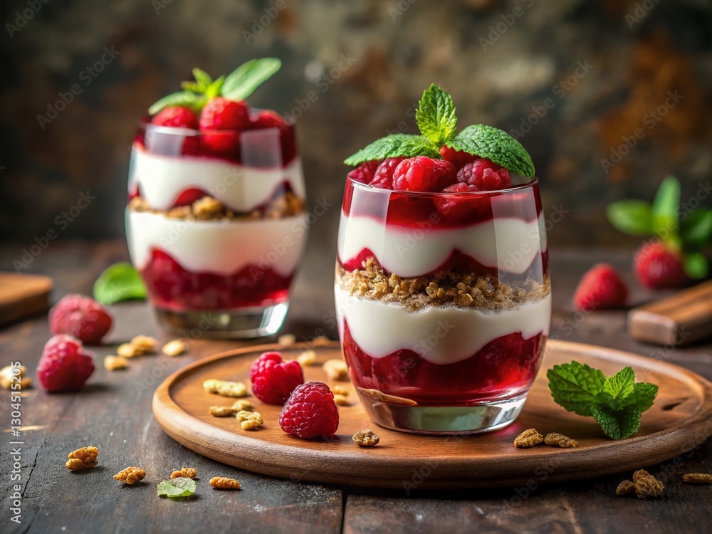 Delicious Raspberry Parfait Dessert with Whipped Cream, Granola & Sauce - Low Light Photography Delicious Raspberry Parfait Dessert with Whipped Cream, Granola & Sauce - Low Light Photography