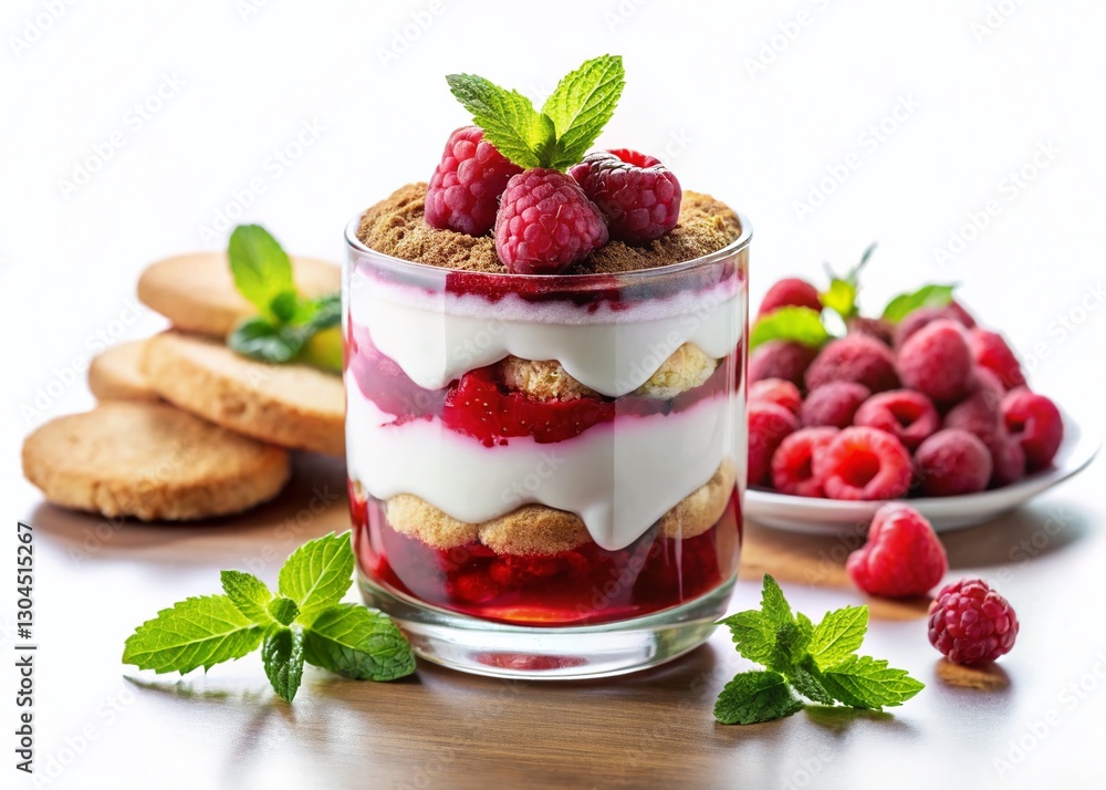 Delicious Raspberry Trifle Dessert in Glass, Layered Cream, Berries & Crumbs on Gray Background Delicious Raspberry Trifle Dessert in Glass, Layered Cream, Berries & Crumbs on Gray Background