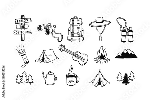 Hand-drawn camping and outdoor adventure vector set with gear, mountains, campfire, tents, trees, and travel essentials in a fun,  doodle-style