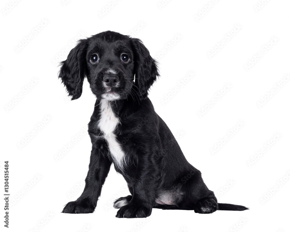 Cute English working cocker spaniel dog puppy, sitting up side ways. Looking towards camera. Isolated cutout on a transparent background. Cute English working cocker spaniel dog puppy, sitting up side ways. Looking towards camera. Isolated cutout on a transparent background.