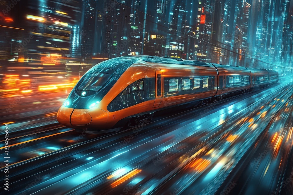 High-speed train gliding through a neon city at night, showcasing vibrant lights and advanced technology High-speed train gliding through a neon city at night, showcasing vibrant lights and advanced technology
