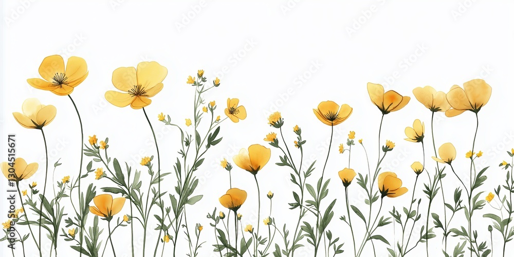 A stylish pattern of yellow wildflowers with clean lines and subtle details on a simple white background. Minimalism. Summer advertising banner. A stylish pattern of yellow wildflowers with clean lines and subtle details on a simple white background. Minimalism. Summer advertising banner.