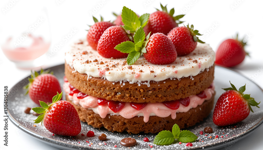 cake, cheesecake with strawberries on a white plate with a golden border. Sponge cake layers, cream, strawberry slices, powdered sugar and fresh mint create the perfect dessert. on a white background cake, cheesecake with strawberries on a white plate with a golden border. Sponge cake layers, cream, strawberry slices, powdered sugar and fresh mint create the perfect dessert. on a white background
