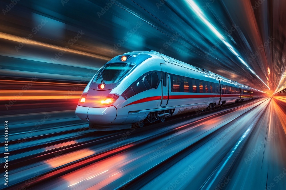 Fototapeta premium High-speed train traveling through a brightly lit tunnel at night in an urban environment