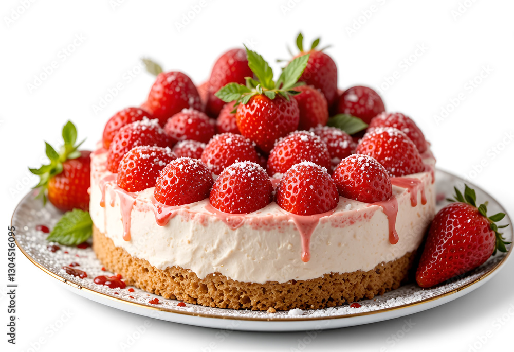 cake, cheesecake with strawberries on a white plate with a golden border. Sponge cake layers, cream, strawberry slices, powdered sugar and fresh mint create the perfect dessert. on a white background cake, cheesecake with strawberries on a white plate with a golden border. Sponge cake layers, cream, strawberry slices, powdered sugar and fresh mint create the perfect dessert. on a white background