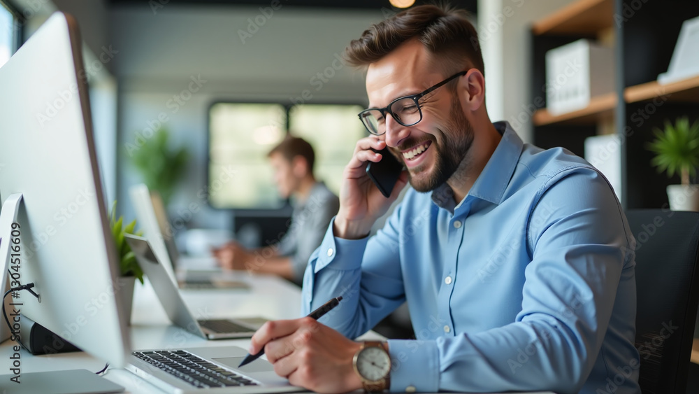 man smiles taking notes phone conversation office setting man smiles taking notes phone conversation office setting