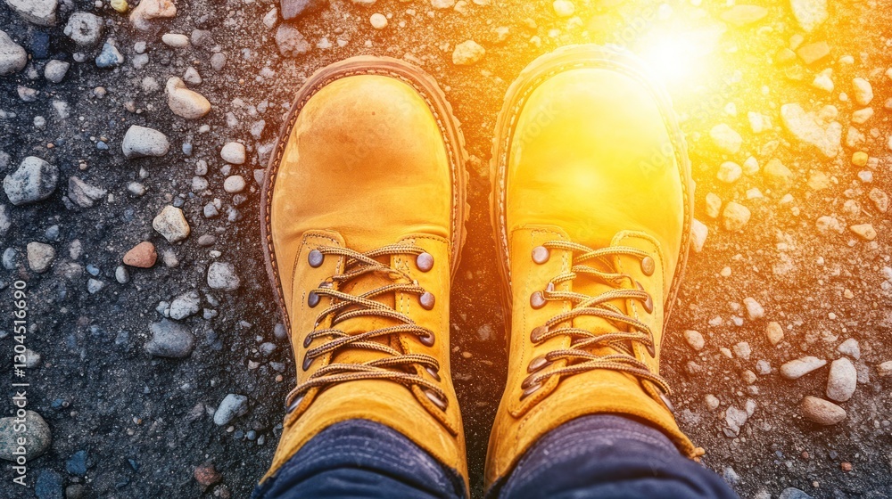 Golden Hour Hike: A pair of yellow boots stand on a rocky path, bathed in the warm glow of the setting sun. Embark on an adventure! Golden Hour Hike: A pair of yellow boots stand on a rocky path, bathed in the warm glow of the setting sun. Embark on an adventure!