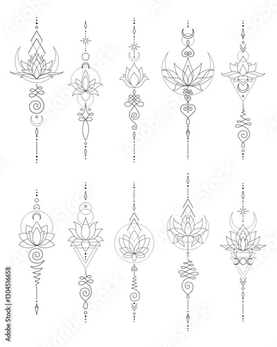 Set of Mystic Lotus Sacred Geometry Unalome Boho Tattoo Design Collection. Vector isolated buddhist line hand drawn symbol