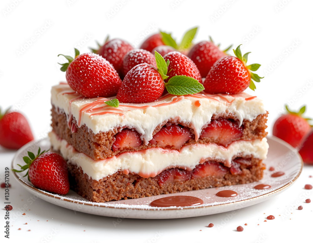 cake, cheesecake with strawberries on a white plate with a golden border. Sponge cake layers, cream, strawberry slices, powdered sugar and fresh mint create the perfect dessert. on a white background cake, cheesecake with strawberries on a white plate with a golden border. Sponge cake layers, cream, strawberry slices, powdered sugar and fresh mint create the perfect dessert. on a white background