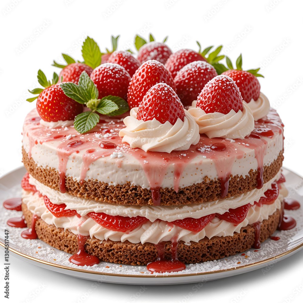cake, cheesecake with strawberries on a white plate with a golden border. Sponge cake layers, cream, strawberry slices, powdered sugar and fresh mint create the perfect dessert. on a white background cake, cheesecake with strawberries on a white plate with a golden border. Sponge cake layers, cream, strawberry slices, powdered sugar and fresh mint create the perfect dessert. on a white background