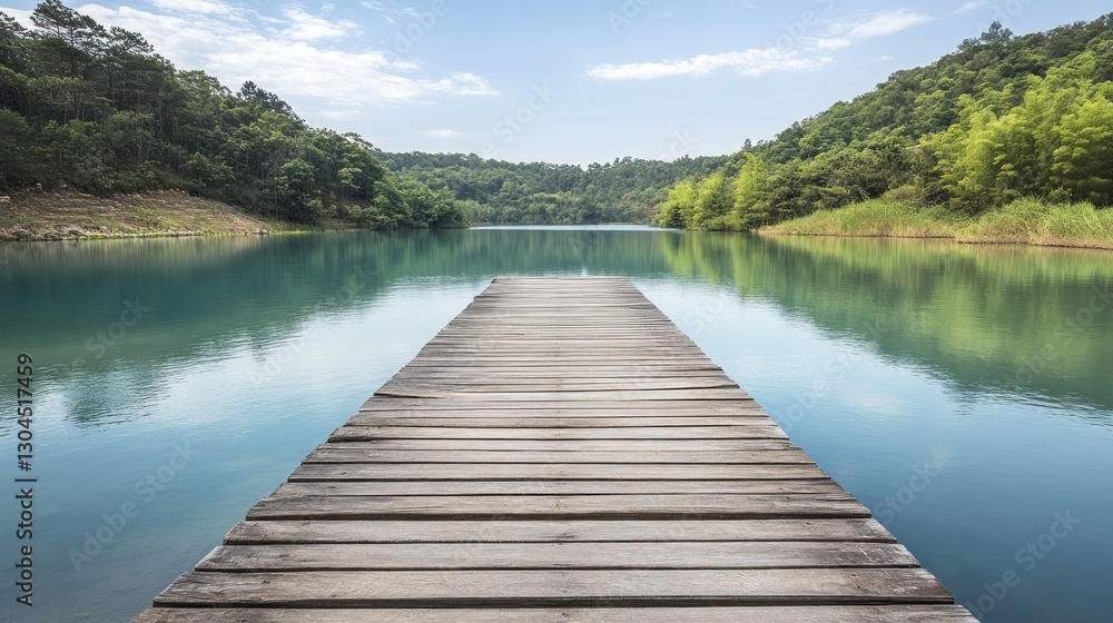 Naklejka premium Serene Lake with Wooden Dock and Lush Greenery