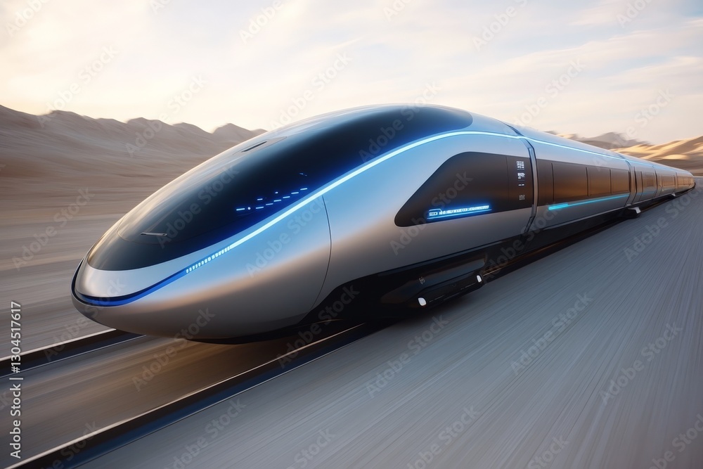Futuristic high-speed train traveling through a desert landscape on a clear day Futuristic high-speed train traveling through a desert landscape on a clear day