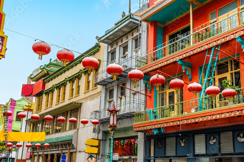 A view of brightly coloured buildings in the Chinatown district of San Francisco in early springtime